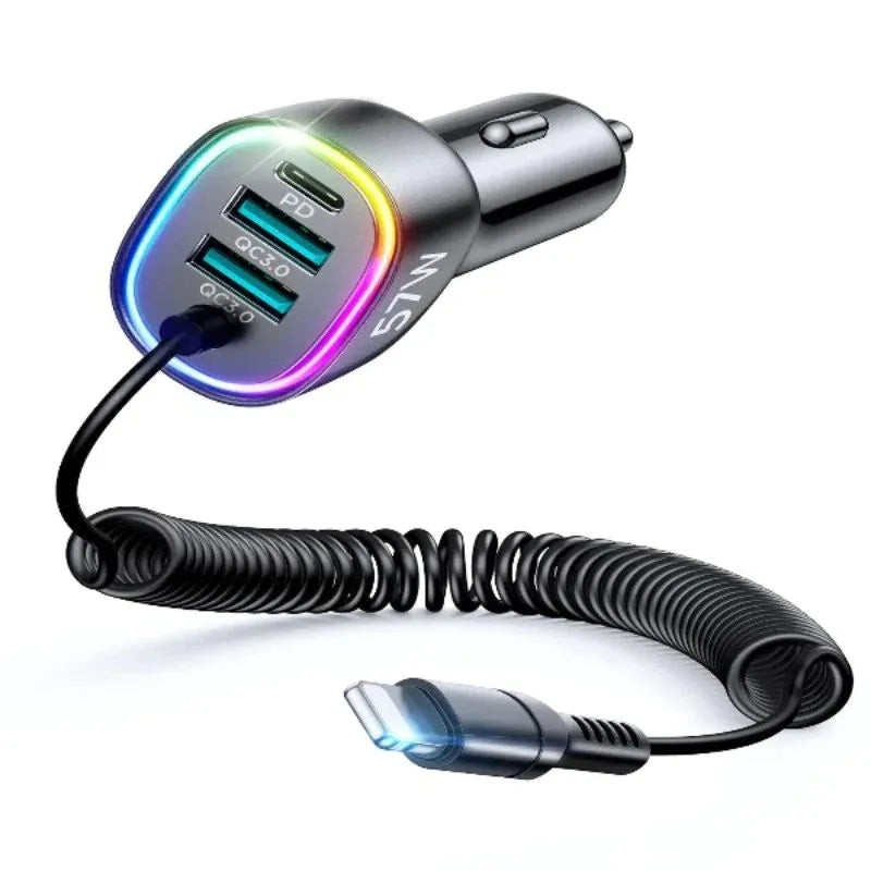 Joyroom 4 In 1 PD Fast Car Charger With Coiled Lightning Cable CL20